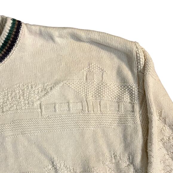 Isle of Cotton Embroidered Golf Sweater Knit Pattern Cream Vintage Large Tall - Picture 4 of 8